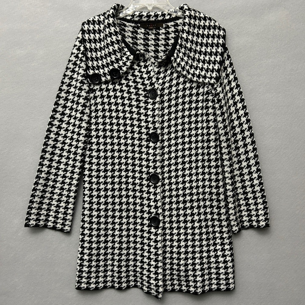 Fever Women M Sweater Jacket Black White Houndstooth Button Knit Coatigan